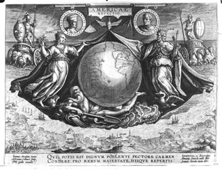 Entdeckung Amerikas mit Porträts von Amerigo Vespucci (1454-1512) und Christoph Kolumbus (1451-1506), graviert von Jan Collaert (1566-1628), gedruckt von Philipp Galle (1537-1612) um 1600